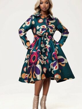 Teal Floral Fit-and-Flare Shirt Dress with Belt